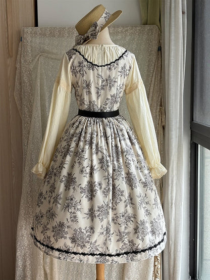 Beige & Black Rosette Print Long-sleeved Elegant Classic Lolita Dress