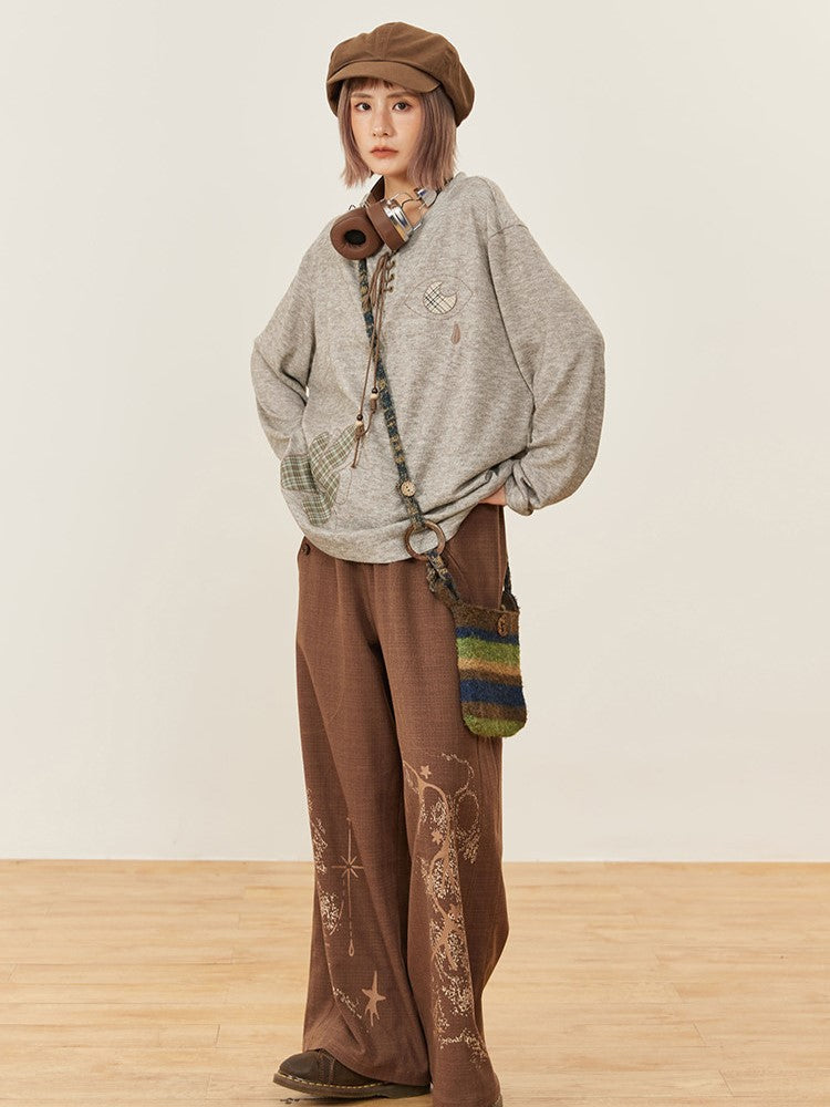 Gray Long Lace-up Shirt Embroidery Sleeve - Tie Patch Vintige Decorated Flower
