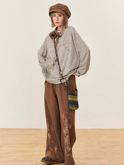 Gray Long Lace-up Shirt Embroidery Sleeve - Tie Patch Vintige Decorated Flower