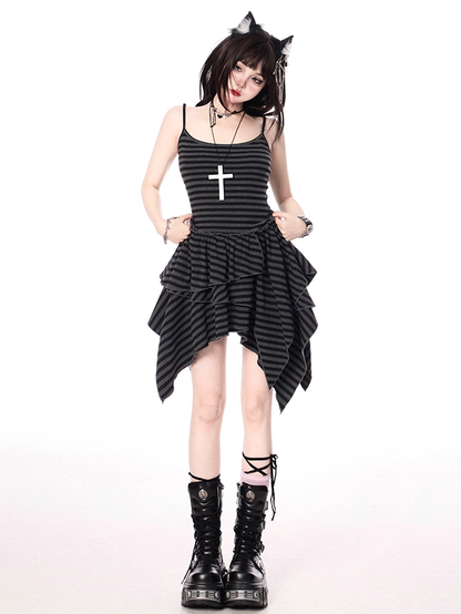 Kleid Rock Cami Schwarz und Grau Streifen Taschentuch Saum Stufen