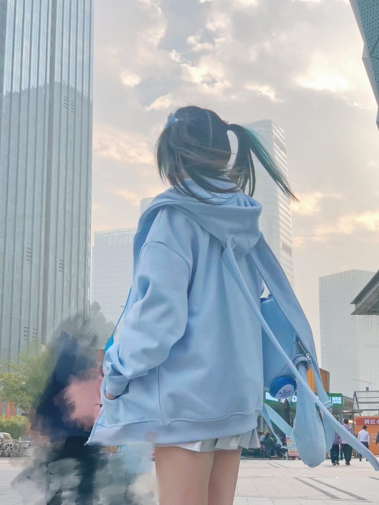 Full Set: Ears Snow + Tie Oversized Blue Hoodie + Socks + Skirt + Bunny Shirt