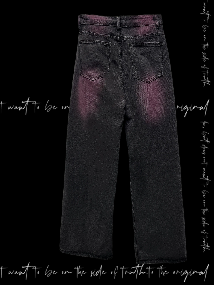 Studded Y2K Black and Purple Cross Applique Straight-Leg Jeans Distressed Holes Glamorous