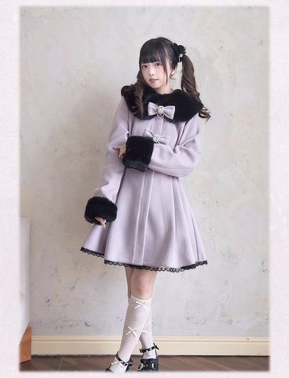 and Lavender Purple Coat Jirai Kei Plush Cuffs Rhinestones Lace Trim Collar Bowknots