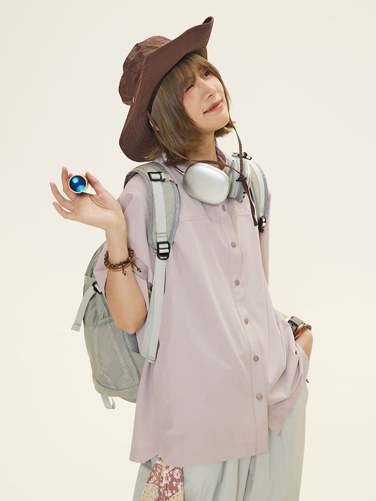 Button Purple Placket Vintage Front T-shirt