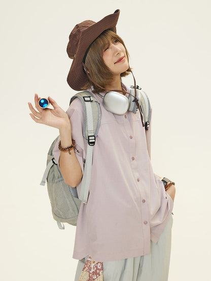 Button Purple Placket Vintage Front T-shirt