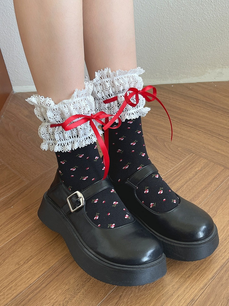 Lolita Lace White/Black Pattern Sockswith Trim Floral