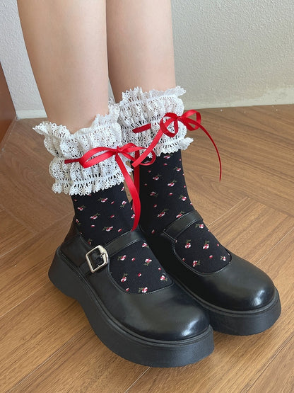 Lolita Lace White/Black Pattern Sockswith Trim Floral