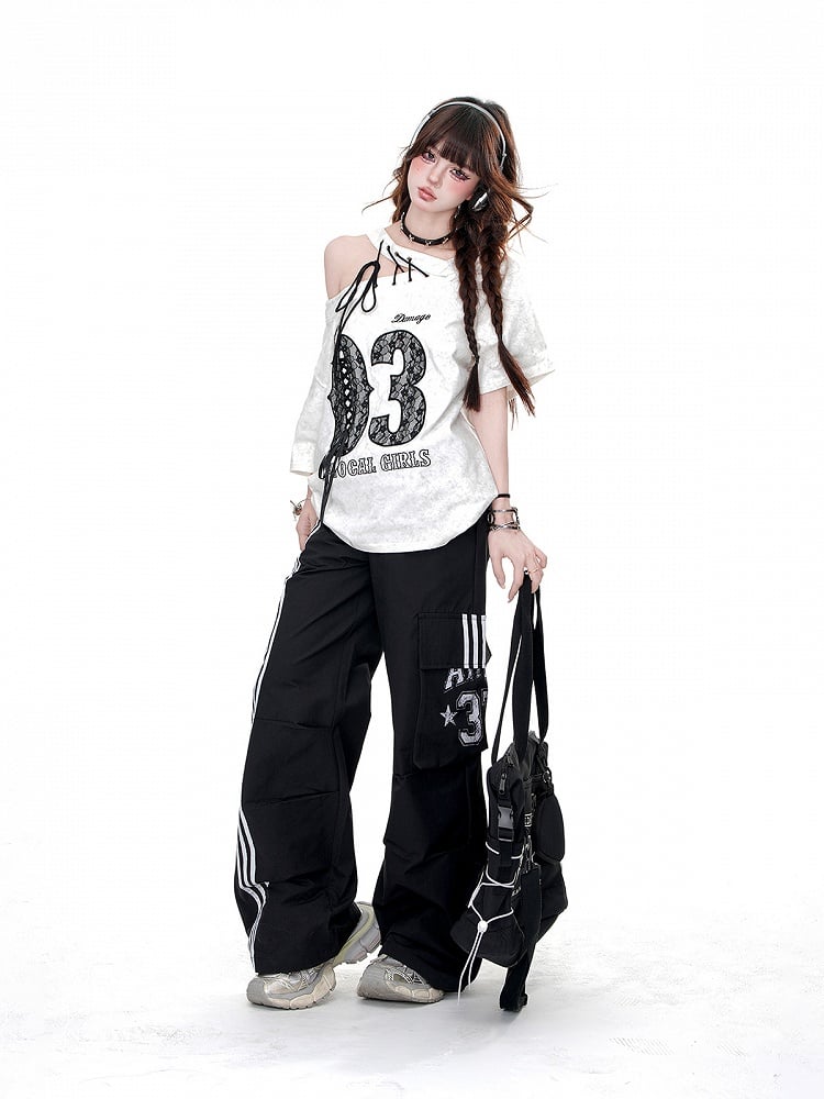 Schwarze Cargo-Taschen mit Kordelzug in der Taille und lockerem, geradem Bein