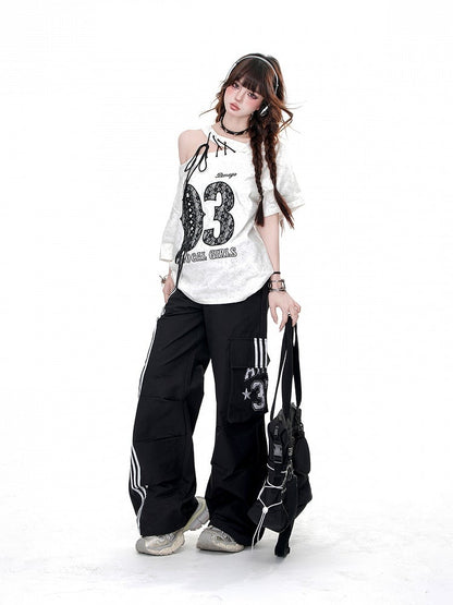 Schwarze Cargo-Taschen mit Kordelzug in der Taille und lockerem, geradem Bein