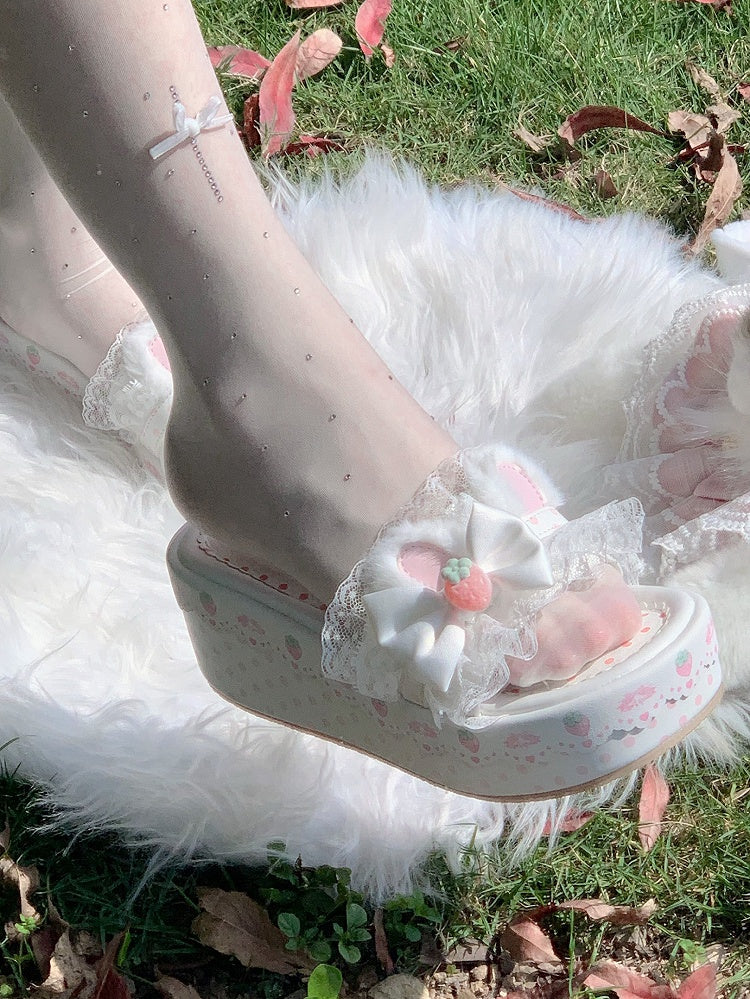 Trim Bow Platform Lolita Lace Accents Sweet White Ear Bunny Slippers Plush