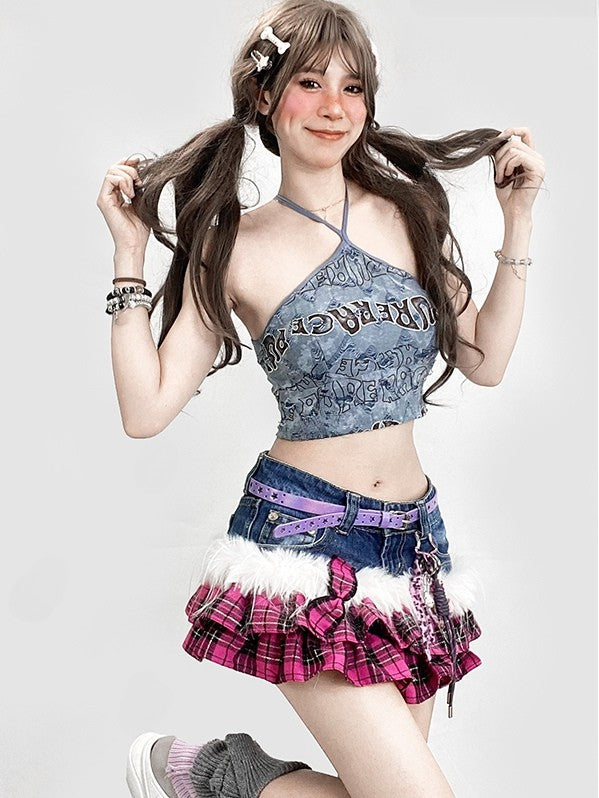 プリントホルターネックトップレターかわいいビタースイートブルーグラマラス