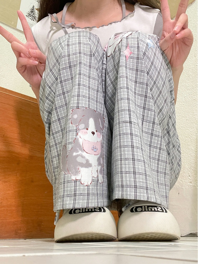 Normale/kurze Spitze, grau kariert, Welpen-Print, Herz-Knopf-Version, weites Bein, Hosenbesatz