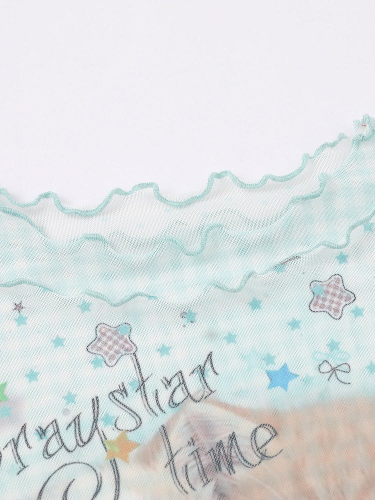 Green Mesh T-Shirt with Kitty and Star Print - Languid Park