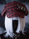 Baskenmütze Rot Plaid Und Schnalle Details Pins Schwarz Mit Muster