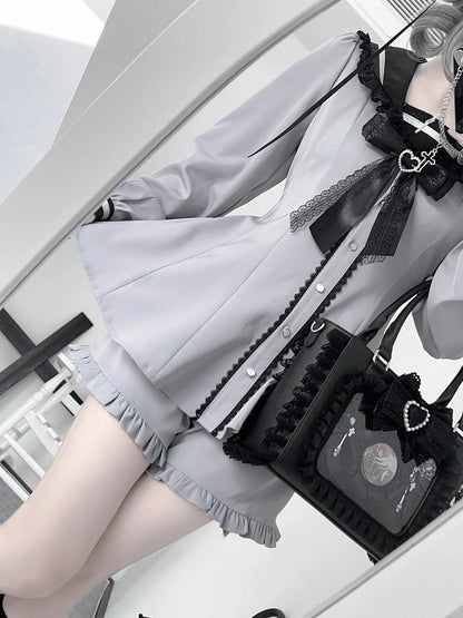 Lilafarbenes Design, Ohren, Krawatte, Jirai-Minikleid + Shorts-Set mit Rüschensaum + Schleife, Dusty Kei, Seemannskragen, Hase