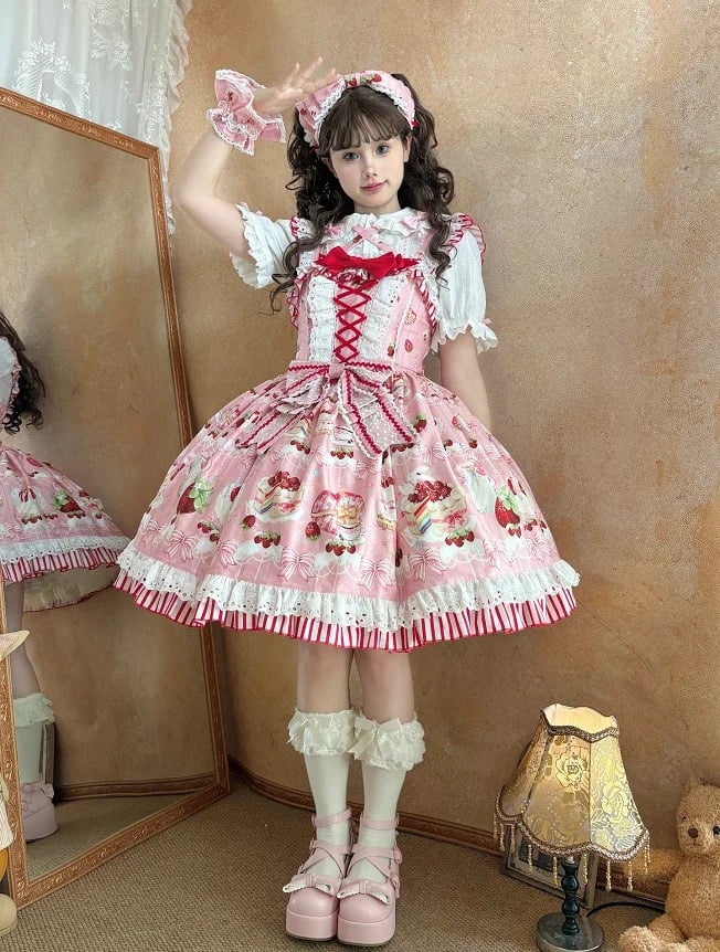 Schleifen süßer Rock und Dessert Lolita Pullover Print Erdbeerrosa
