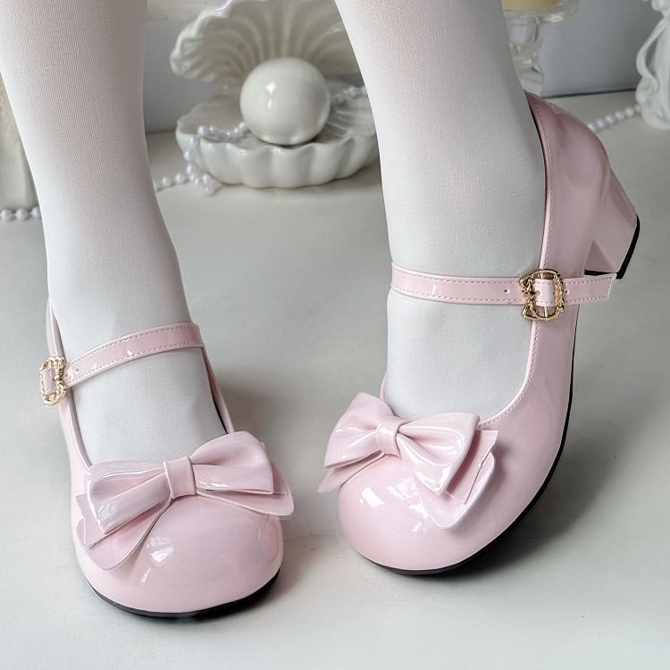 Round-toe Bow Pink - Buckle Sweet Mary with Mid Jane 4.5cm Shoes Closure Cat Lolita Heel
