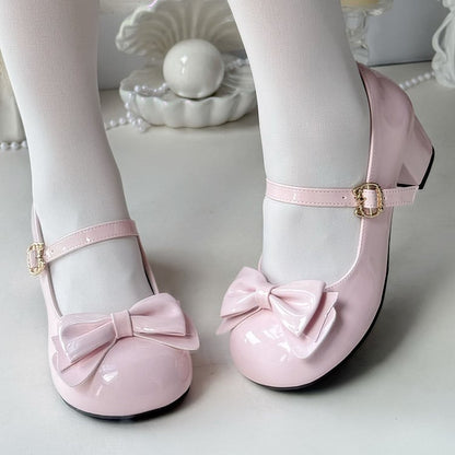 Round-toe Bow Pink - Buckle Sweet Mary with Mid Jane 4.5cm Shoes Closure Cat Lolita Heel
