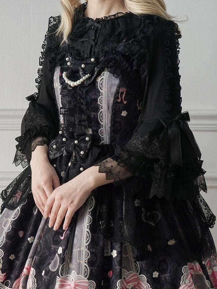 Sleeves Neckline Black 3/4 Lolita Ruffle Blouse