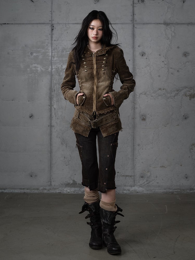 Capris Asymmetrical Denim with Punk Star Distressed Black Vintage Wasteland Pockets Studs