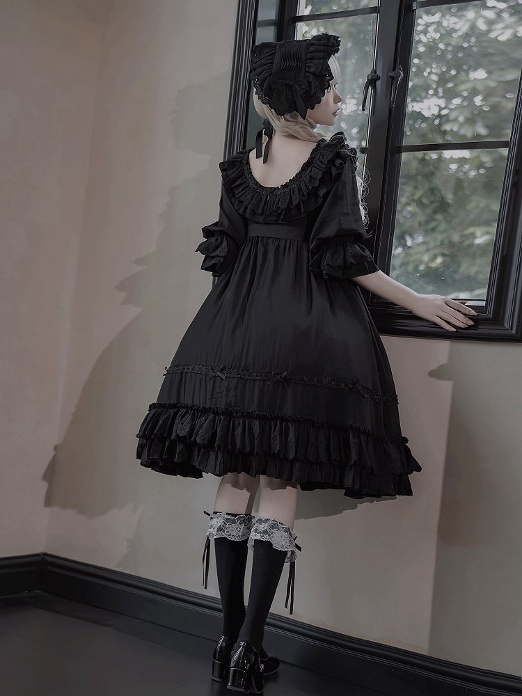 Lolita-Kleid Kuro, alle Ärmel, schwarz, hohe kurze Taille