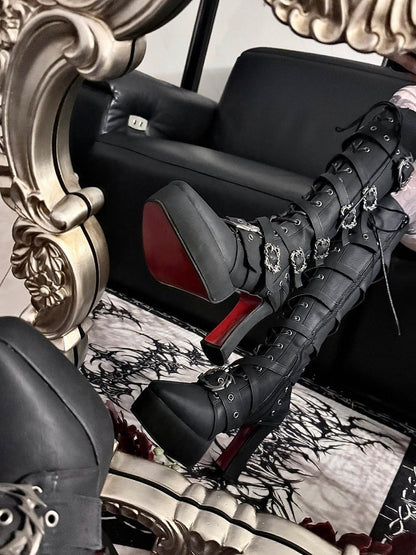 Matte Black Buckle-Strap Gothic Knight Boots with 11CM Stiletto Heel - sphenoid