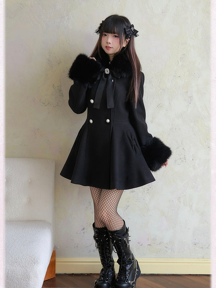 Rhinestone Double Detachable Jirai Kei Big Bow with Black Coat Breasted Fluffy Collar and Cuffs