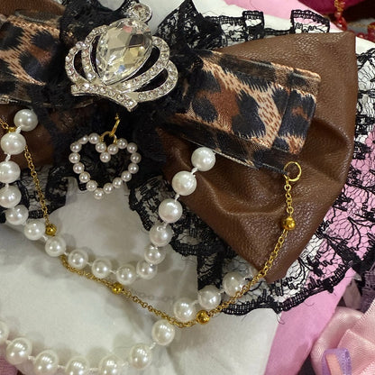 Strass Haarspange Perlen Spitze Muster Trim Bowknot Schwarzbraun Krone Verziert Charme Leopard