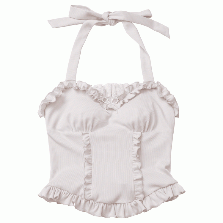 取り外し可能なホルターネック、アプリコットのフリルトリム、ビーズの蝶結び、セルフタイのパッド入りカップ付き