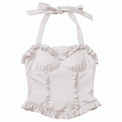 取り外し可能なホルターネック、アプリコットのフリルトリム、ビーズの蝶結び、セルフタイのパッド入りカップ付き
