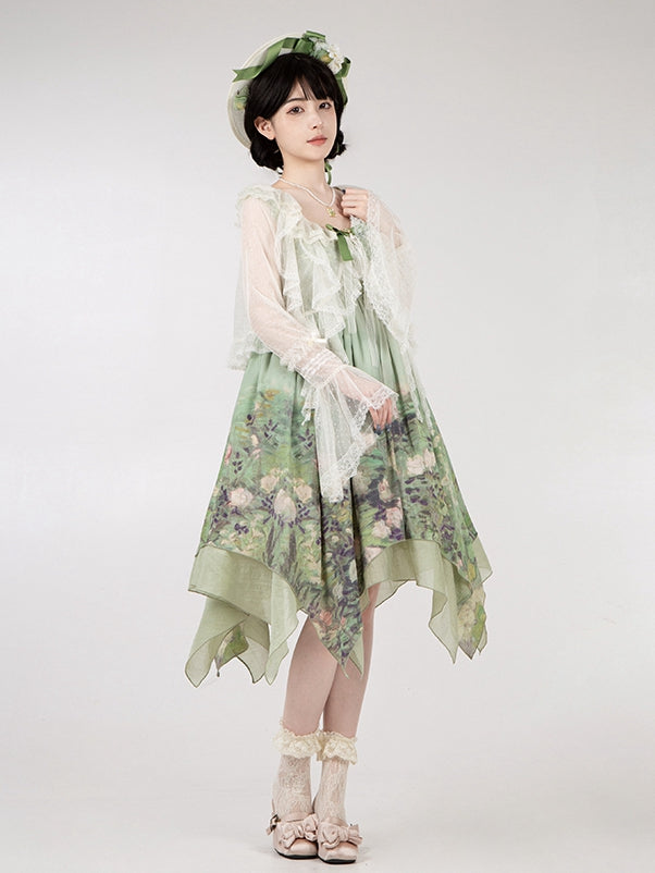 White Top Trim Sleeves Ruffle Long Dotted Sheer Cascading Tulle