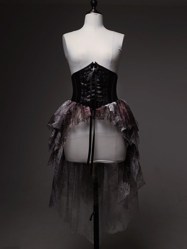 Print Black Red Bloodstain Gothic Lace Lolita Corset Boned with Train Belt