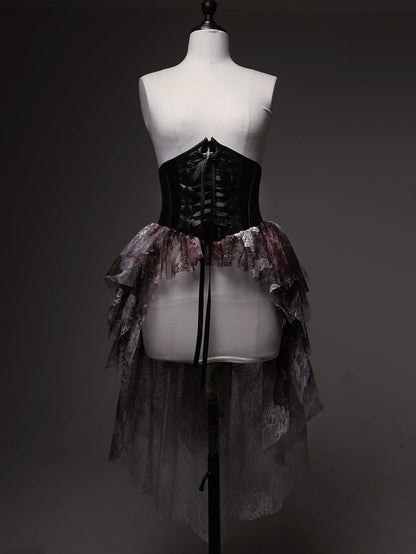 Print Black Red Bloodstain Gothic Lace Lolita Corset Boned with Train Belt