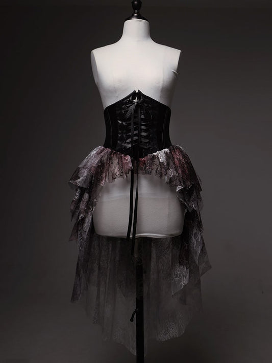 Print Black Red Bloodstain Gothic Lace Lolita Corset Boned with Train Belt