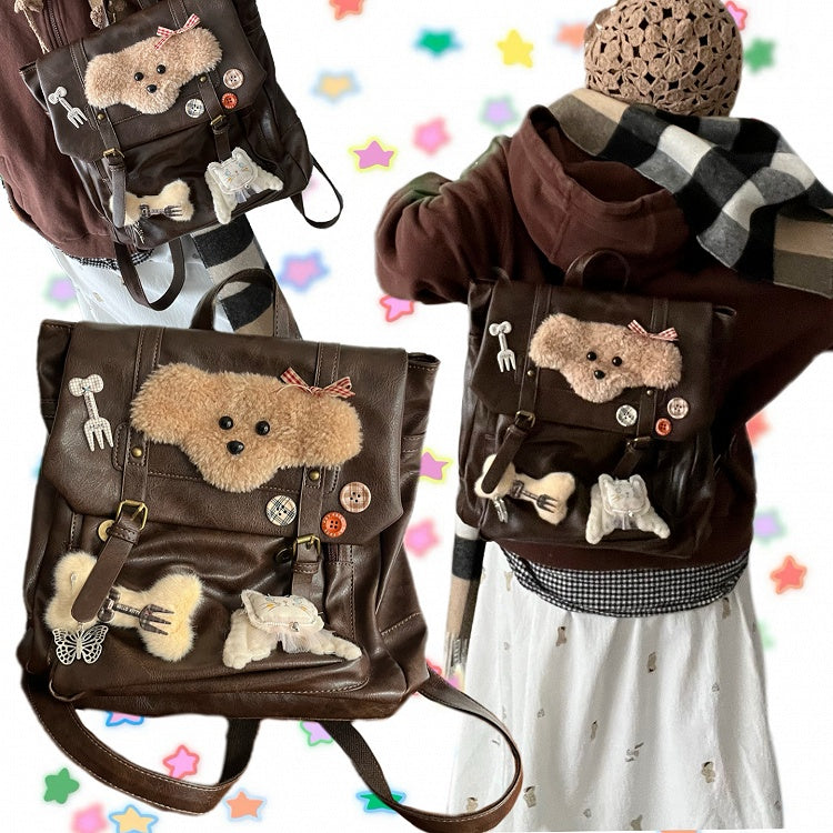 Preppy Brown | Backpack Puppy Vintage Flap with Plush Style Fold-Over Y2K