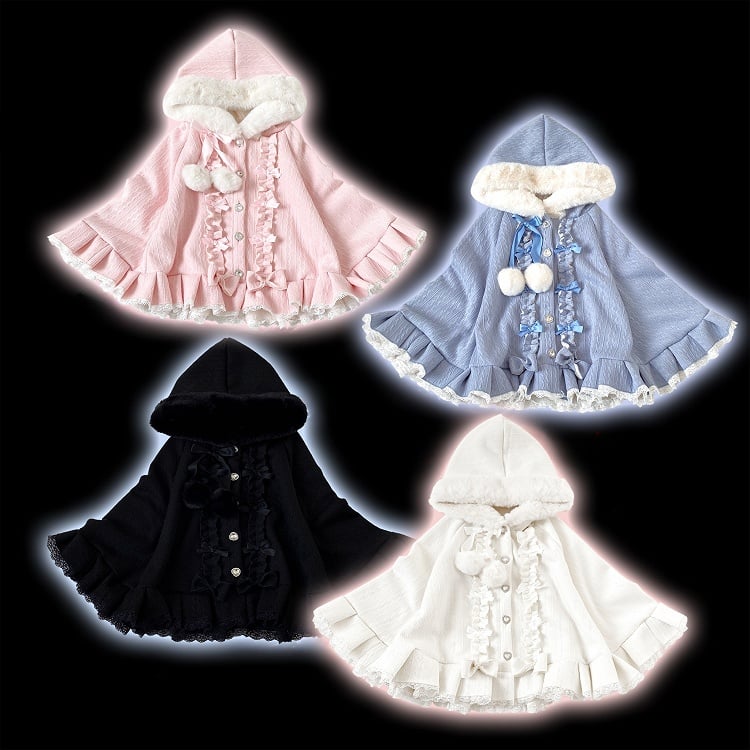 Red Jirai Kei Hooded Cape with Bow Accents and Pompoms