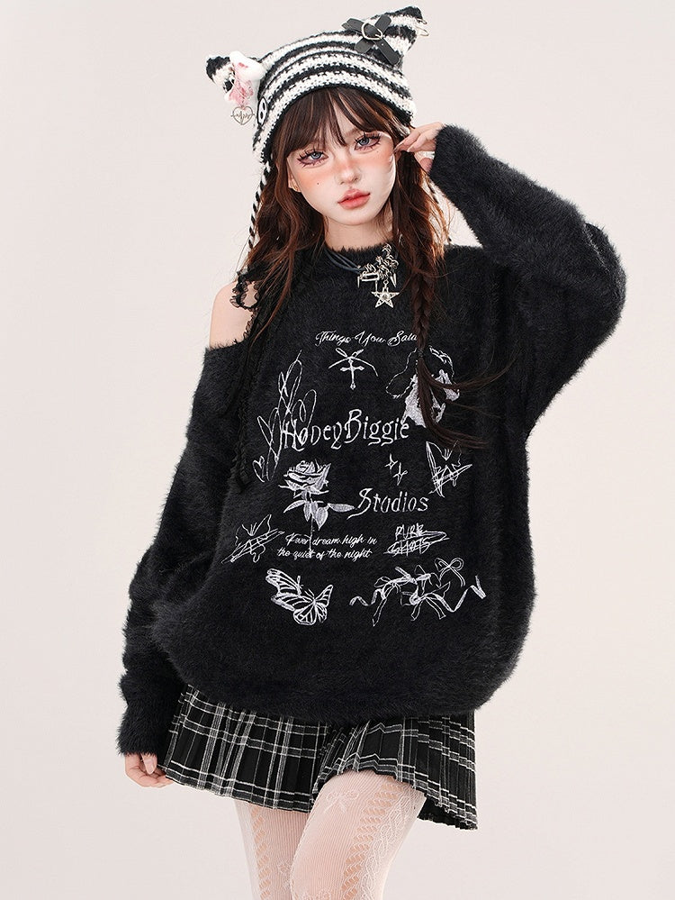 Apricot/Black Butterflies and Bows Cutout Shoulder Mohair Soft Sweater