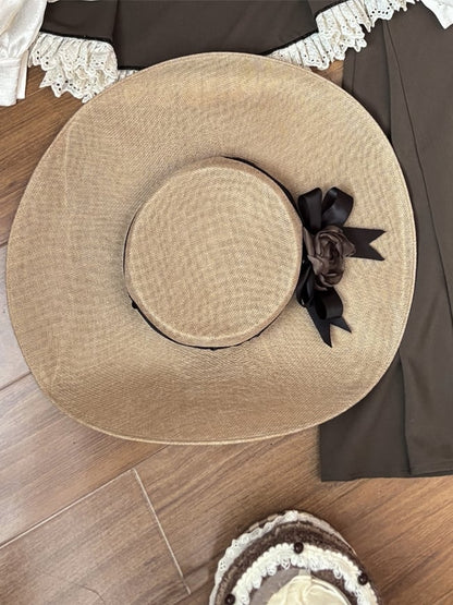 Brown Satin Flower Decorated Large Hat - MUYU