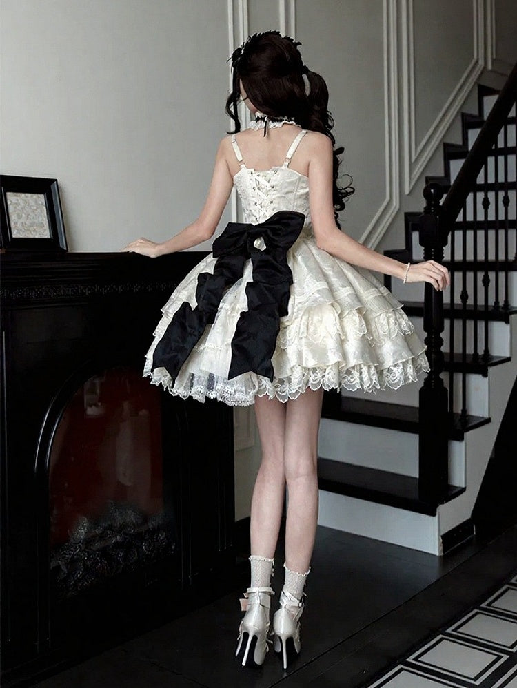 Apricot Lace-Trim JSK Dress with Black Bows - Die Die Zi