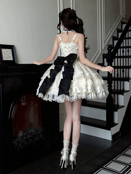 Apricot Lace-Trim JSK Dress with Black Bows - Die Die Zi