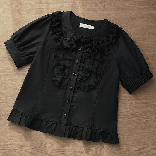 パンスリーブパフショートコットンブラックピーターカラーブラウス