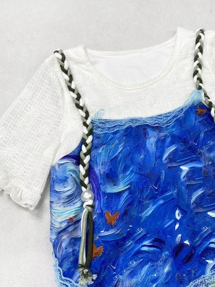 Faux Print Ölblaue Spitze Zweiteiliges Y2K Malkleid