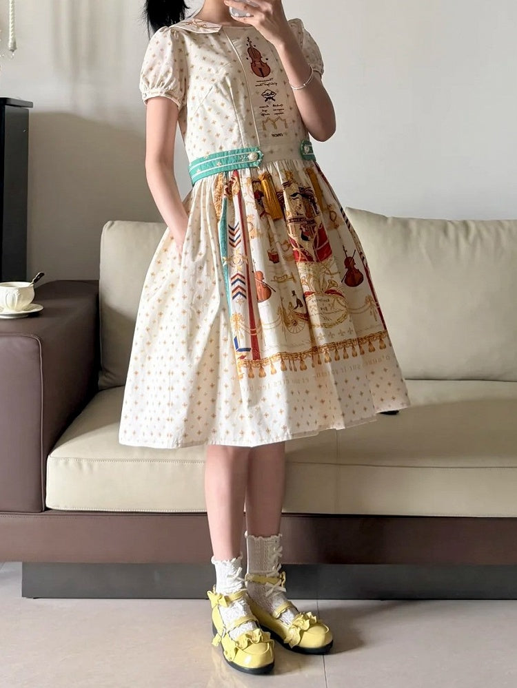 Short White Musical Print Peter Pan Collar OP Dress with Tassels - Crucis Universal Tailor Company
