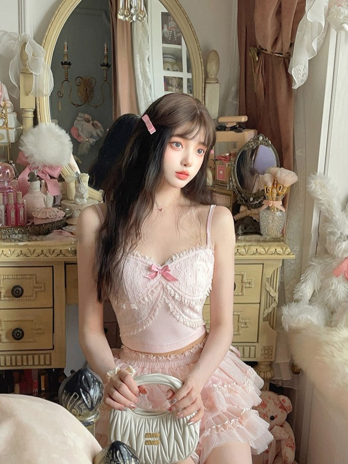 Adjustable Straps Cami Pink Embroidery  Floral Top With Lace