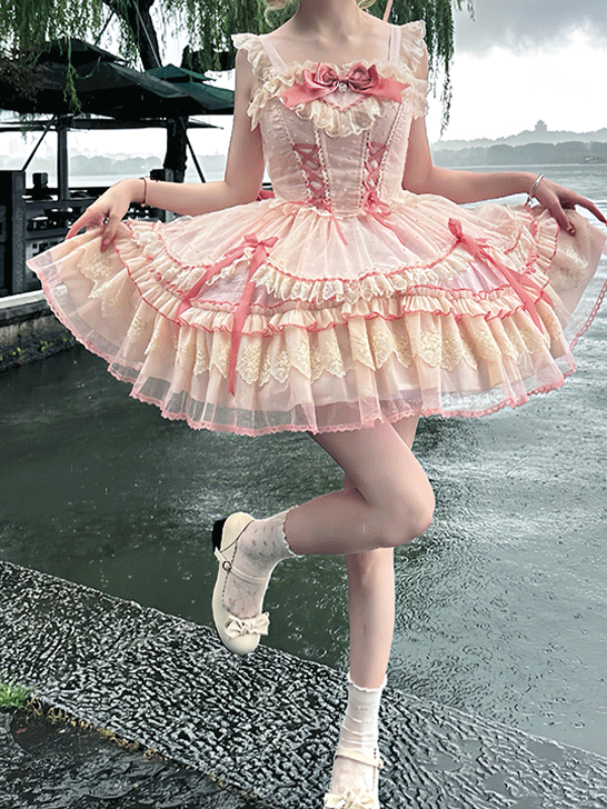 Süßes Lolita-Kleid mit Schleife, flatterndes rosa Mieder mit Schnürung, hoch taillierte Ärmel mit großem, abnehmbarem Pulloverrock