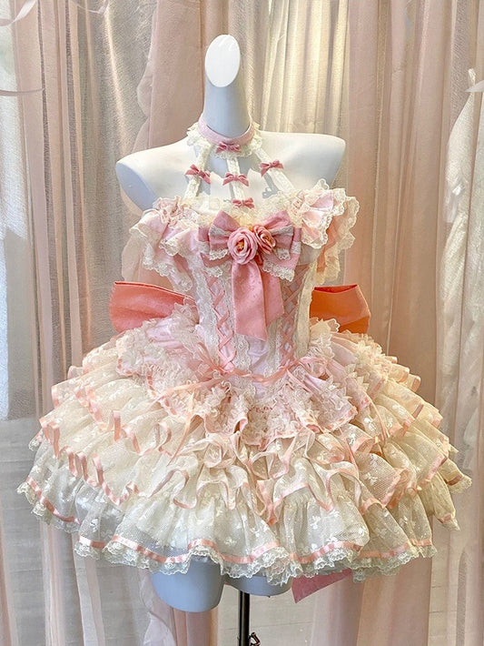 Rosa Kleid Rüschen Korsett Fee Prinzessin Spitze Kei Neckholder Stufenhals Taille Rock