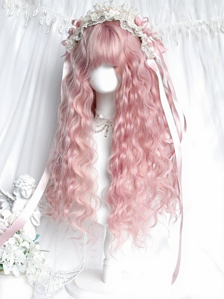 Pink 65cm Full Bangs Long Wavy Curly Wig - Sinwavy