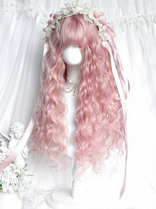 Perruque longue et ondulée rose à frange de 65 cm - Sinwavy