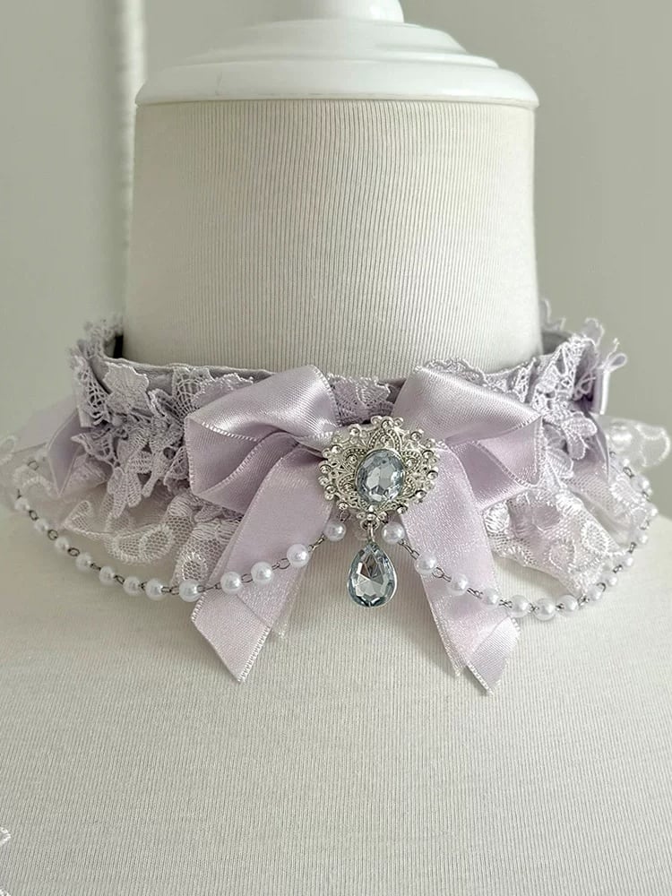 Lolita Rhinestone Bow Lace Choker with Bead Chain in Pink, Apricot or Purple - Dream Gift Box