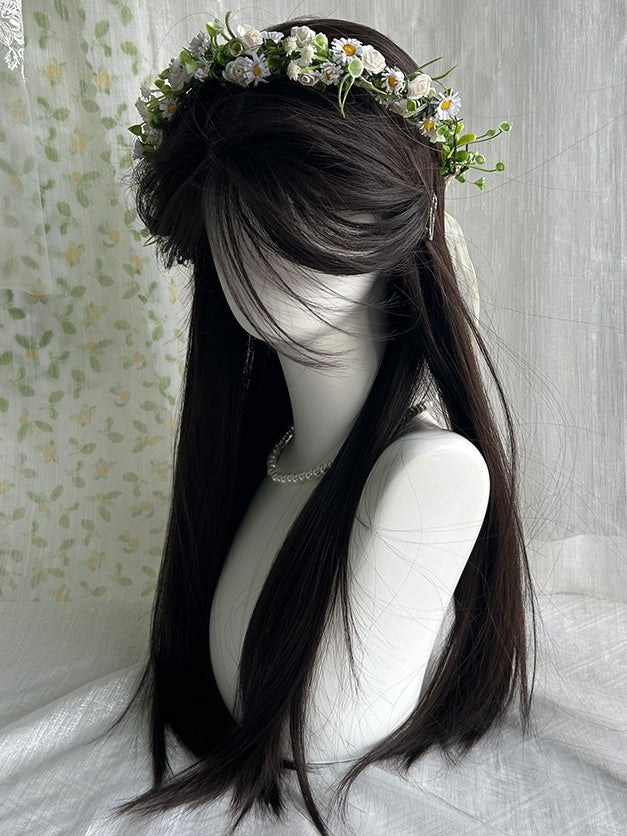 Schwarze, hüftlange, glatte Kunsthaarperücke mit Vorhangpony